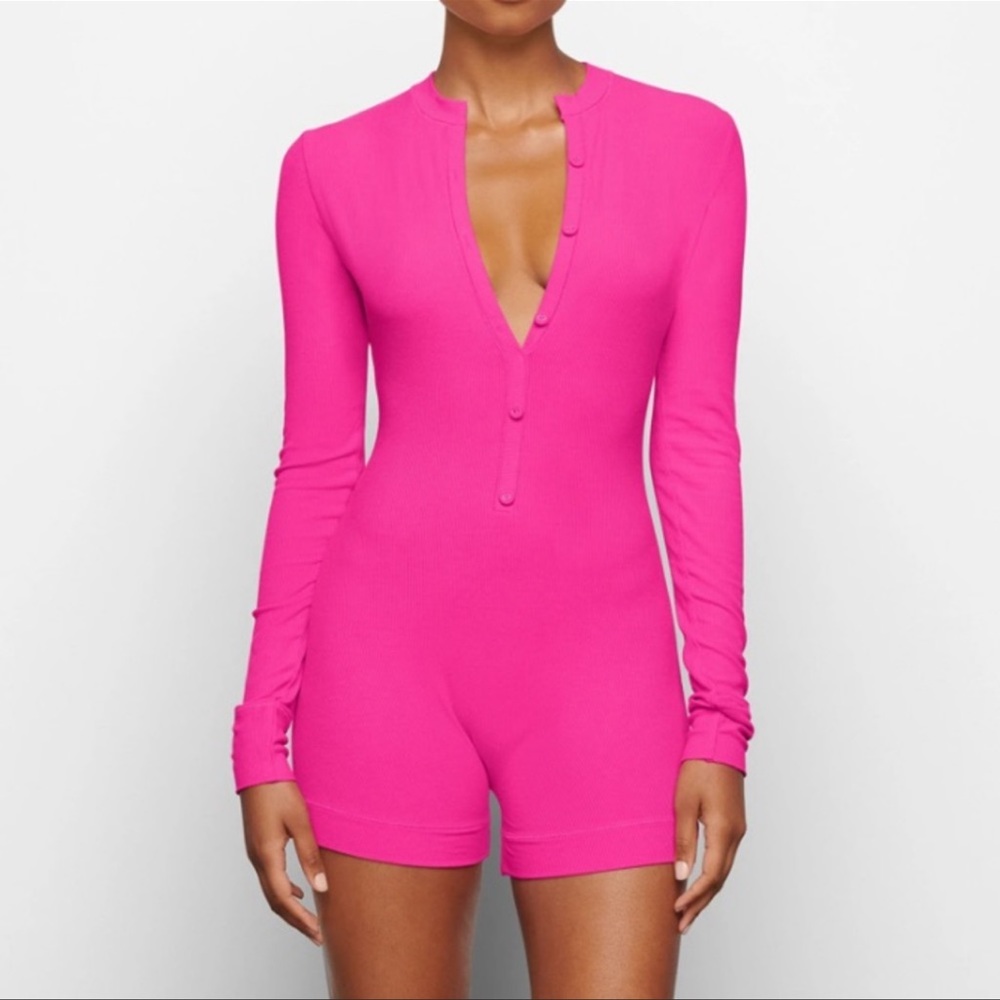 Skims soft lounge button up Henley hot pink